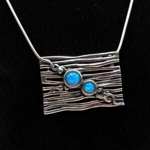 Shablool Sterling Silver 925 Opal Square Pendant Necklace Israel 16.5in